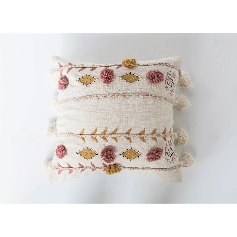 White Embroidered & Appliqued Pillow with Pom Poms & Tassels