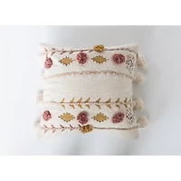 White Embroidered & Appliqued Pillow with Pom Poms & Tassels