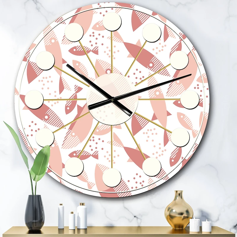 Designart 'Pink Fishes Pattern Mid-Century Modern Wall Clock
