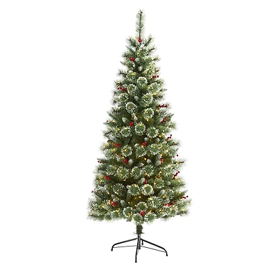 6ft. Pre-Lit Frosted Swiss Pine & Berries Artificial Christmas Tree with Clear LED Lights