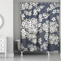 White Blossoms on Navy Shower Curtain