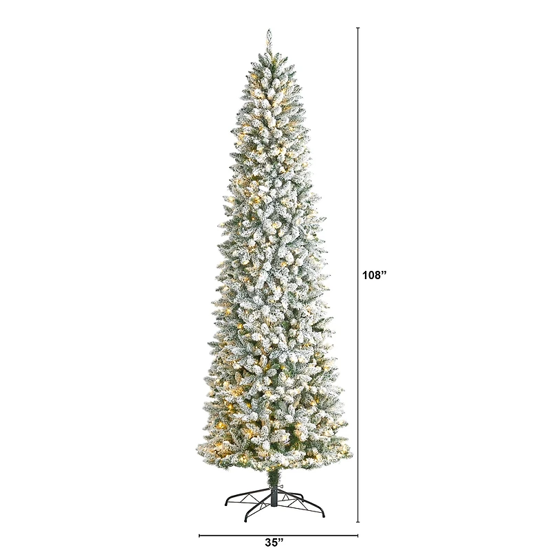 9ft. Pre-Lit Slim Flocked Montreal Fir Artificial Christmas Tree, White LED Lights