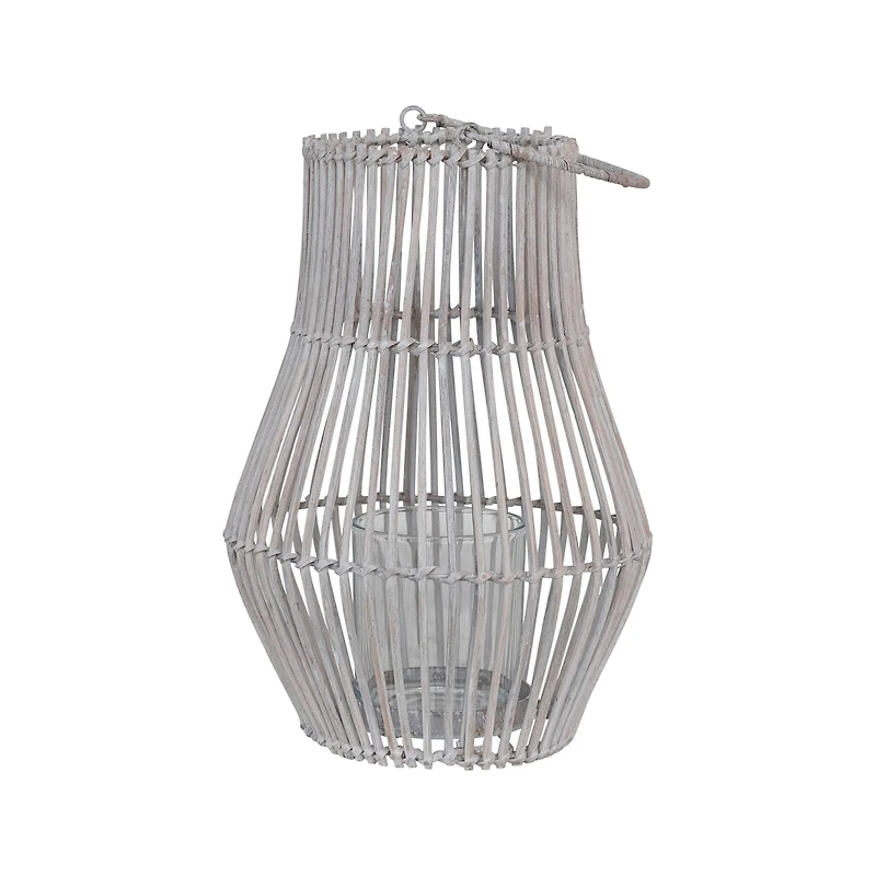 Hello Honey® 11.7" Whitewashed Round Hand-Woven Bamboo Lantern with Handle & Glass Insert