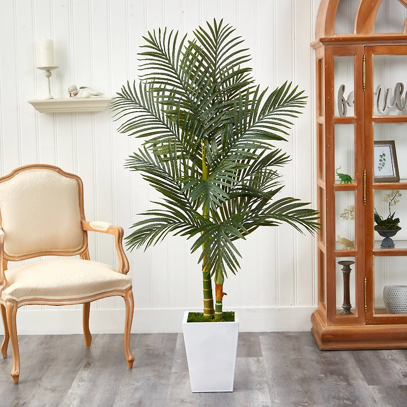 5.5ft. Golden Cane Artificial Palm Tree in White Metal Planter