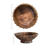 Hello Honey® 9.5" Burnt Finish Hand-Carved Mango Wood Footed Bowl with Scalloped Edge