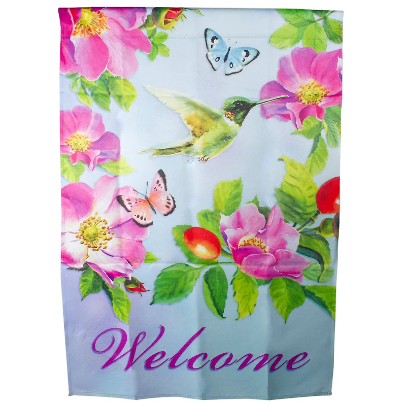 40" Pink & Blue Welcome Hummingbird Floral House Flag