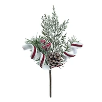 12" Frosted Red Berry & Pine Pick with White & Red Ribbon Curls by Ashland®