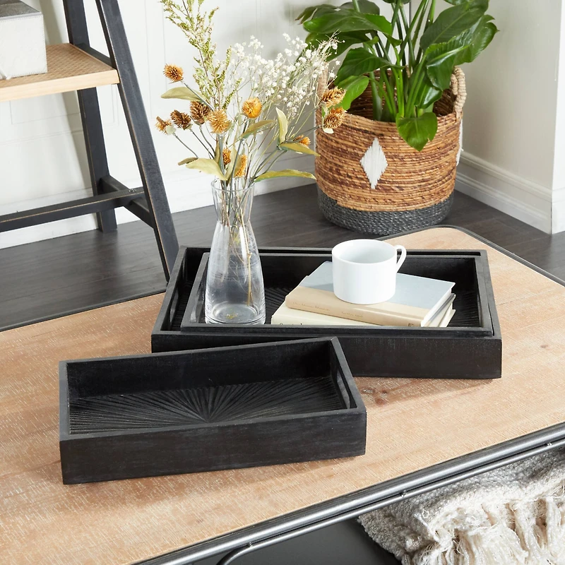 Set of 3" Black Wood Contemporary Trays, 3" x 16" x 10"