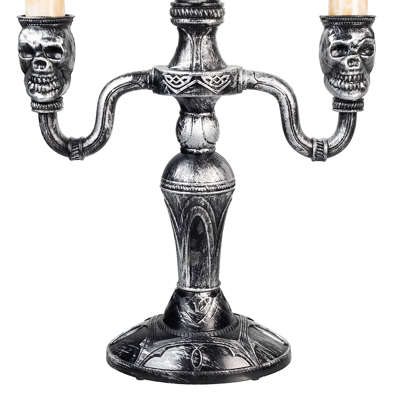 14" Antique Silver Skull Trio Halloween Candelabra Décor