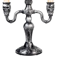 14" Antique Silver Skull Trio Halloween Candelabra Décor