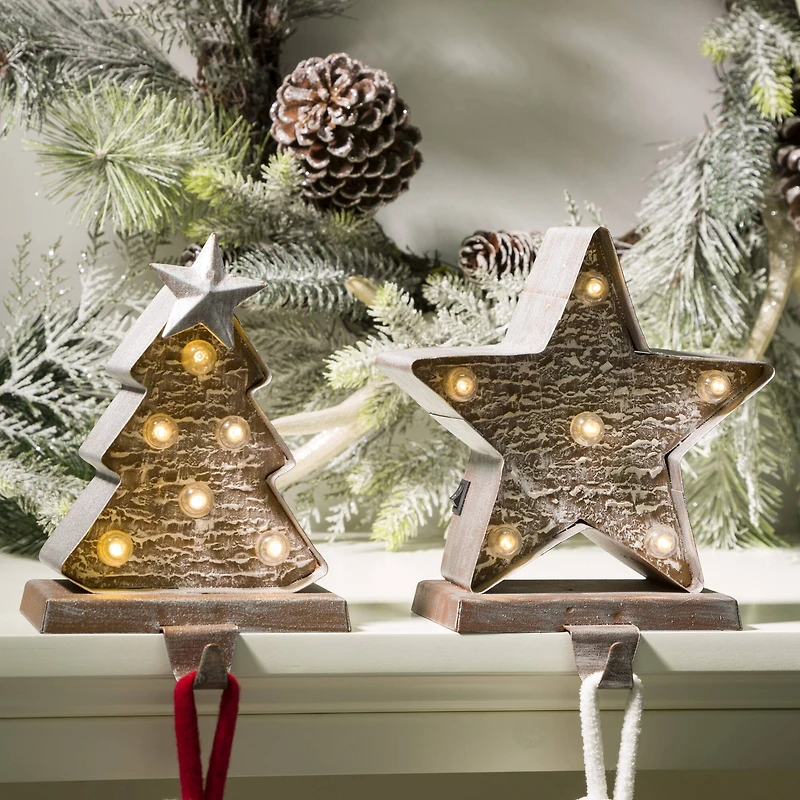 Glitzhome® 8" Marquee LED Christmas Tree & Star Wooden & Metal Stocking Holder Set