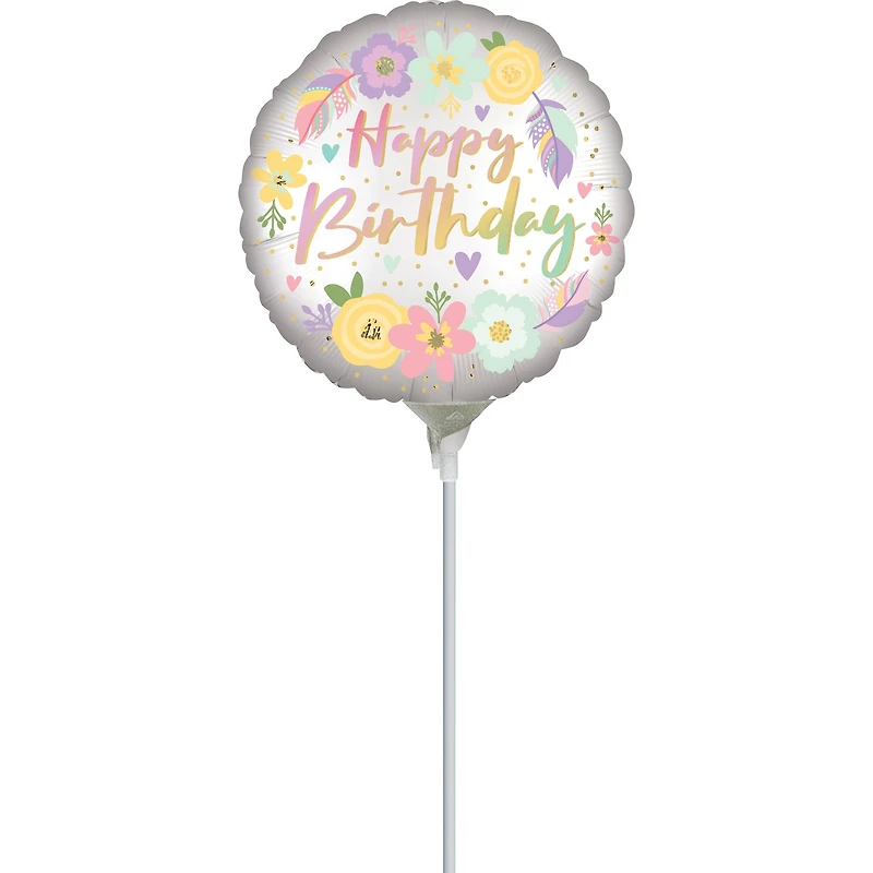 9" Boho Birthday Flowers Foil Stick Balloon