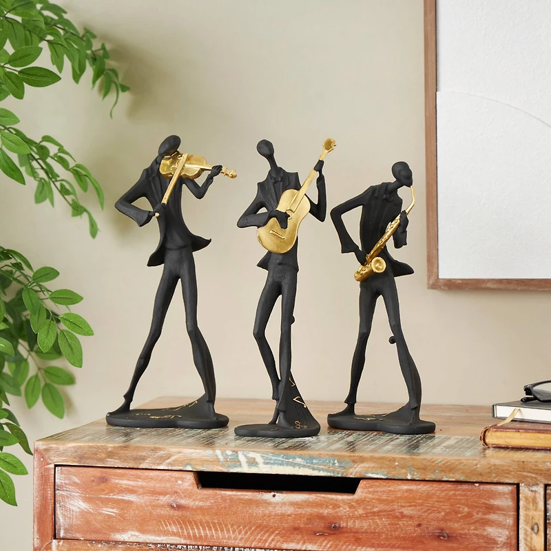 Black Polystone Abstract Musician Sculpture Set with Gold Instruments & Music Notes