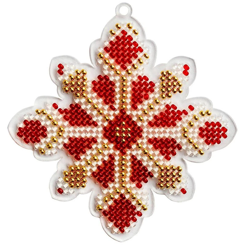 Wonderland Crafts Red & Gold Fair Isle Snowflake Ornament Bead Embroidery on Plastic Kit