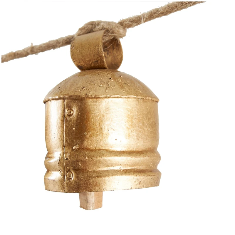 Gold Metal Tibetan Inspired String Hanging Decorative Cow Bells with Jute Hanging Rope