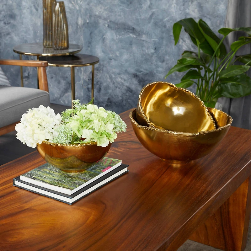 Set of 3" Gold Aluminum Modern Decorative Bowl, 6" x 14" x 14"