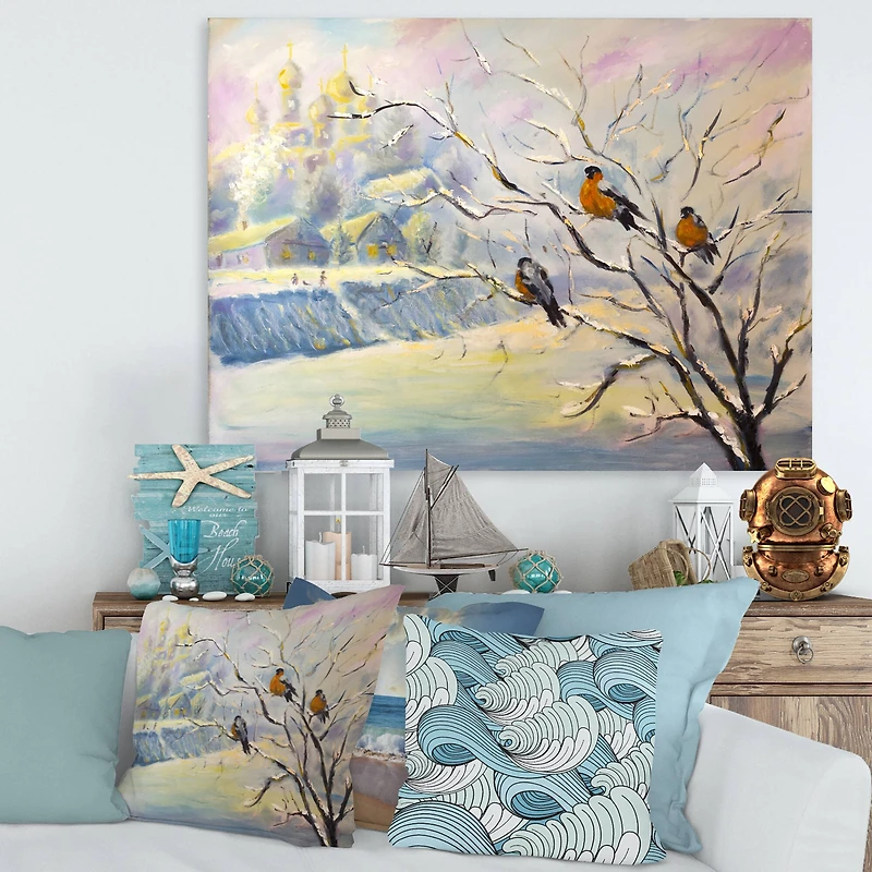 Designart - Rustic Birds On A Tree In Winter Village