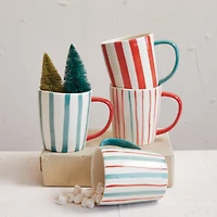 Hello Honey® 14oz. Hand-Painted Red, Aqua & Cream Stripes Stoneware Mugs, 4ct.