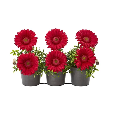 14" Gerbera Daisy Artificial Arrangement in Trio Metal Vase