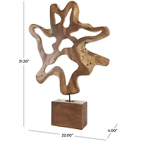 31" Brown Abstract Cutout Teak Wood Sculpture with Block Base