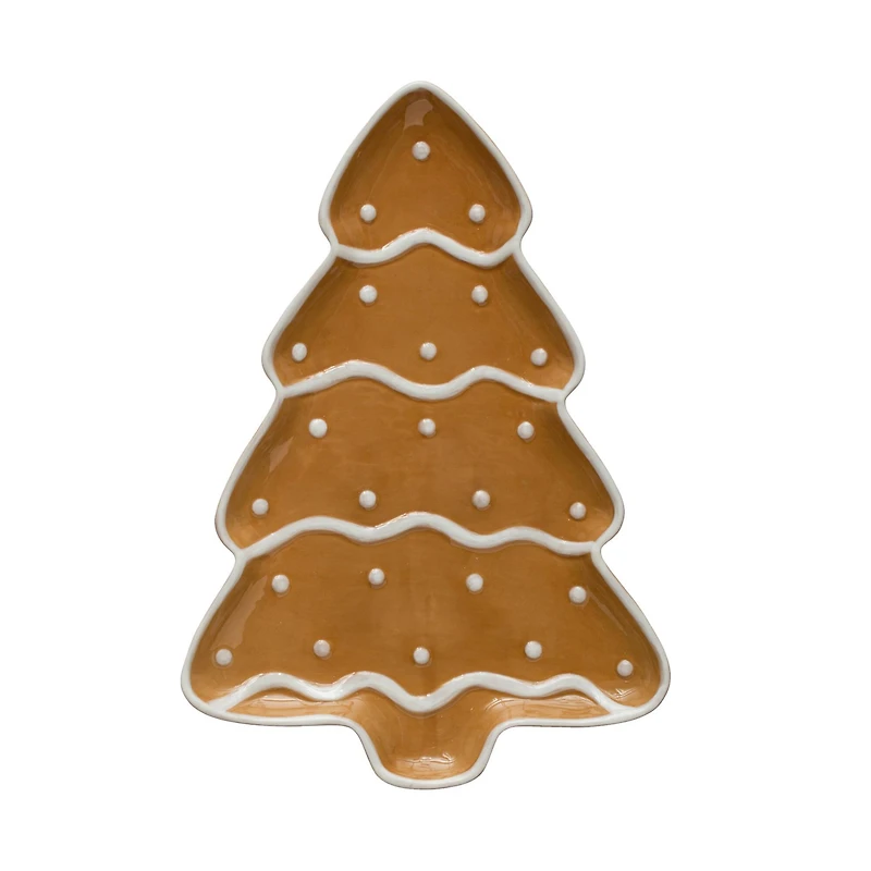 Hello Honey® 13" Brown & White Hand-Painted Ceramic Gingerbread Tree Shaped Platter