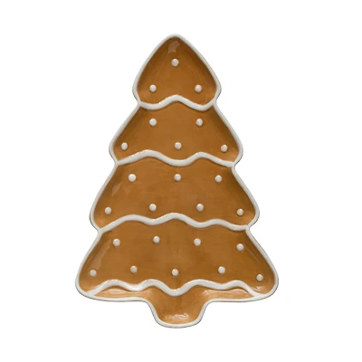 Hello Honey® 13" Brown & White Hand-Painted Ceramic Gingerbread Tree Shaped Platter