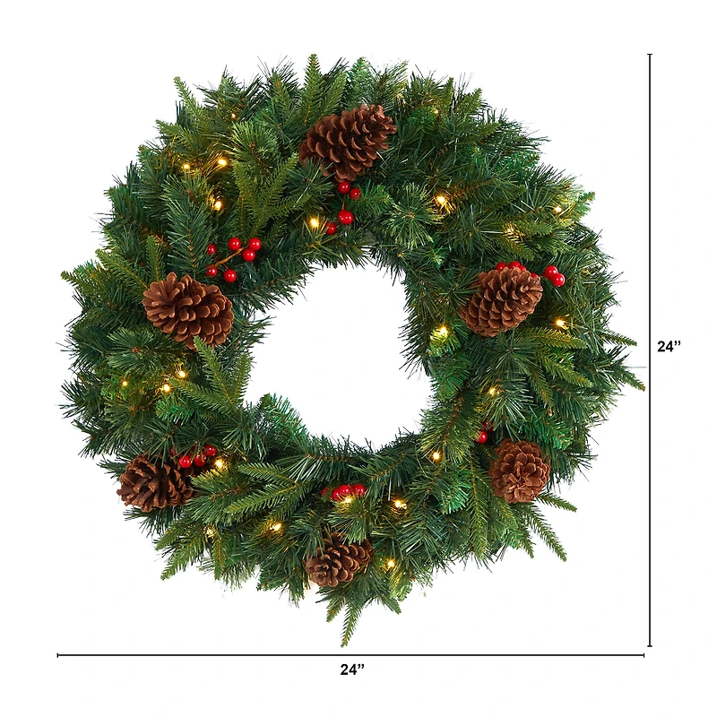 24" Clear LED Mixed Pine & Berries Christmas Wreath