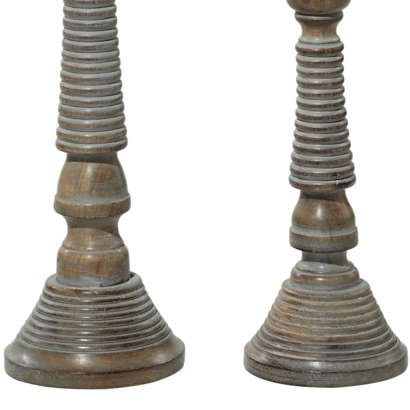 Light Gray Mango Wood Traditional Candle Holder Set