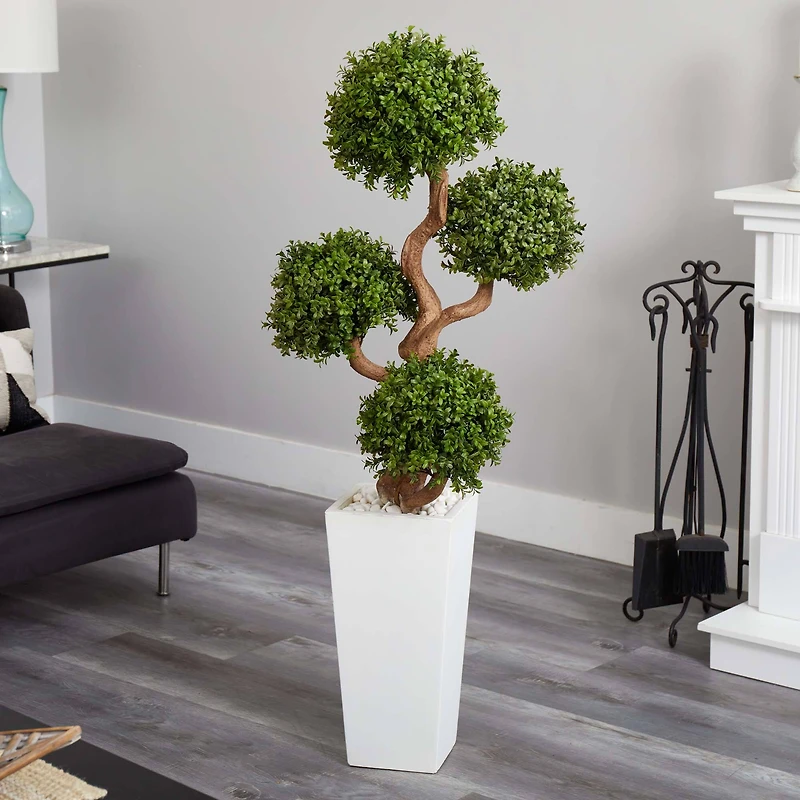 4.5ft. Four Ball Boxwood Topiary Tree in Tall White Planter