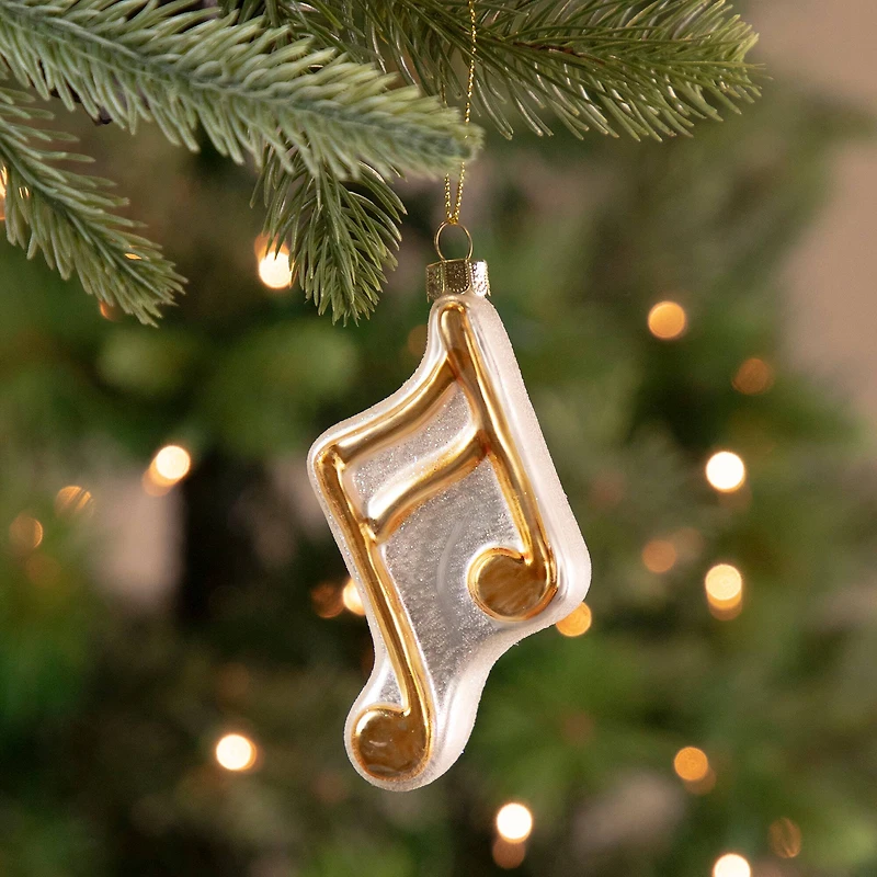 Gold & White Eighth Note Music Symbol Glass Ornament