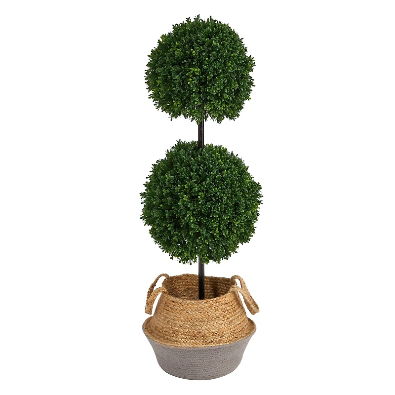 3.5ft. Boxwood Double Ball Artificial Topiary Tree in Boho Chic Handmade Cotton & Jute Woven Planter UV Resistant (Indoor/Outdoor