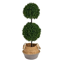 3.5ft. Boxwood Double Ball Artificial Topiary Tree in Boho Chic Handmade Cotton & Jute Woven Planter UV Resistant (Indoor/Outdoor