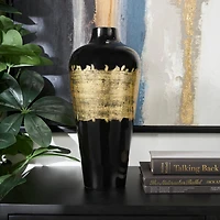 16" Black Metal Abstract Vase with Gold Detailing