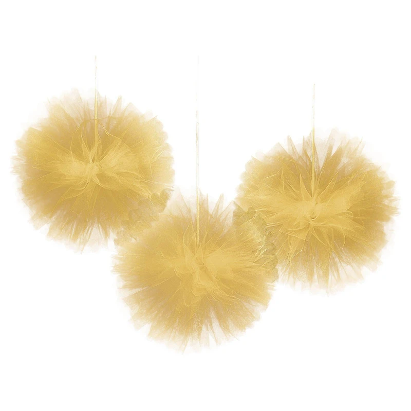12" Gold Fluffy Tulle Hanging Decorations, 3ct.
