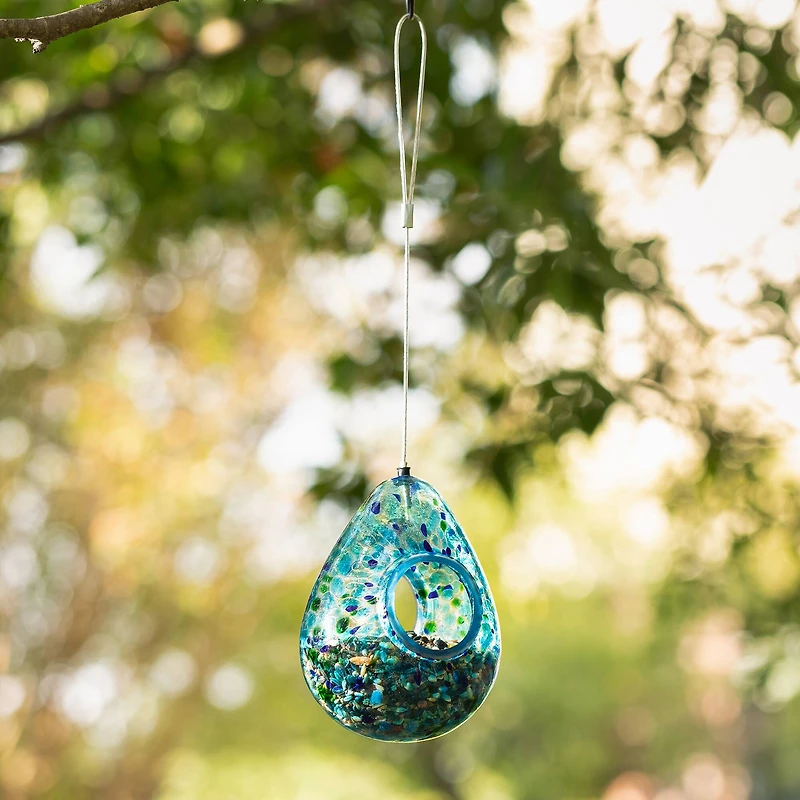 Glitzhome® 6.75" Blue Dots Glass Water Drop Hanging Bird Feeder