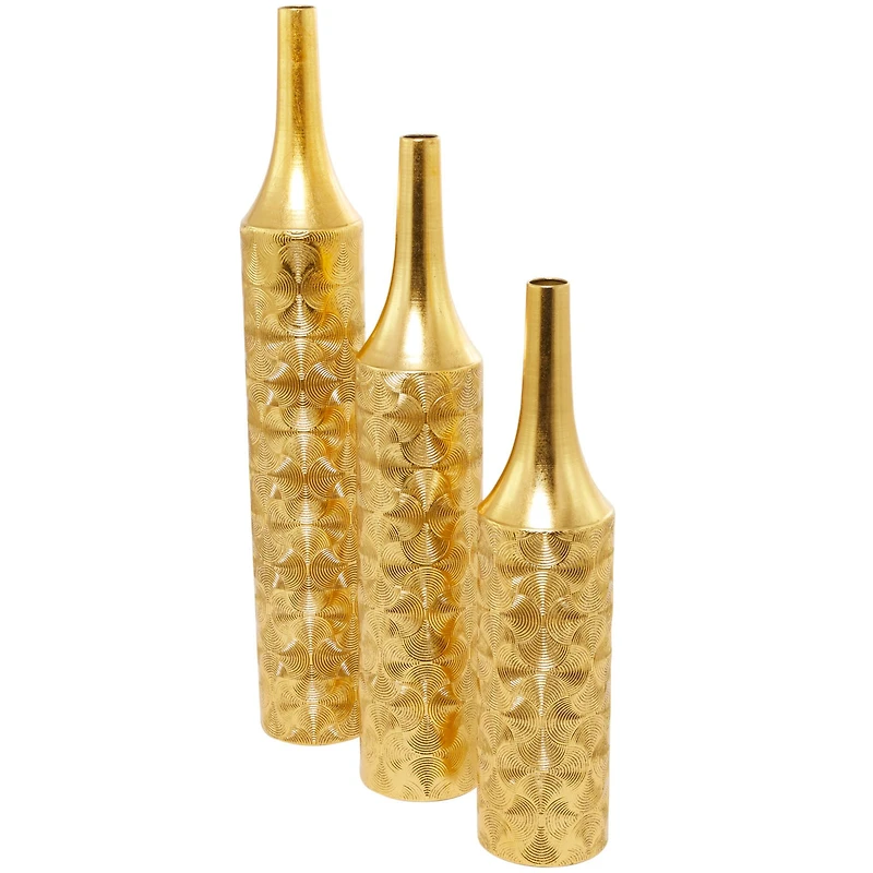 Gold Metal Tall Distressed Metallic Vase with Etched Swirl Patterns Set of 3 36", 30", 25"