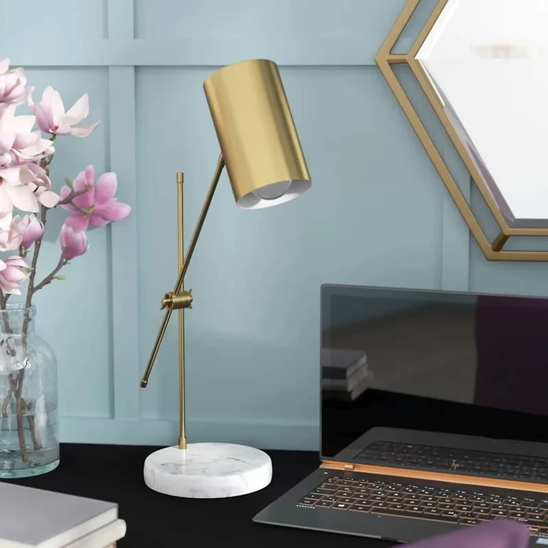 23" Modern Industrial Stylish Bronze Brass Metal Task Lamp with White Marble Base 