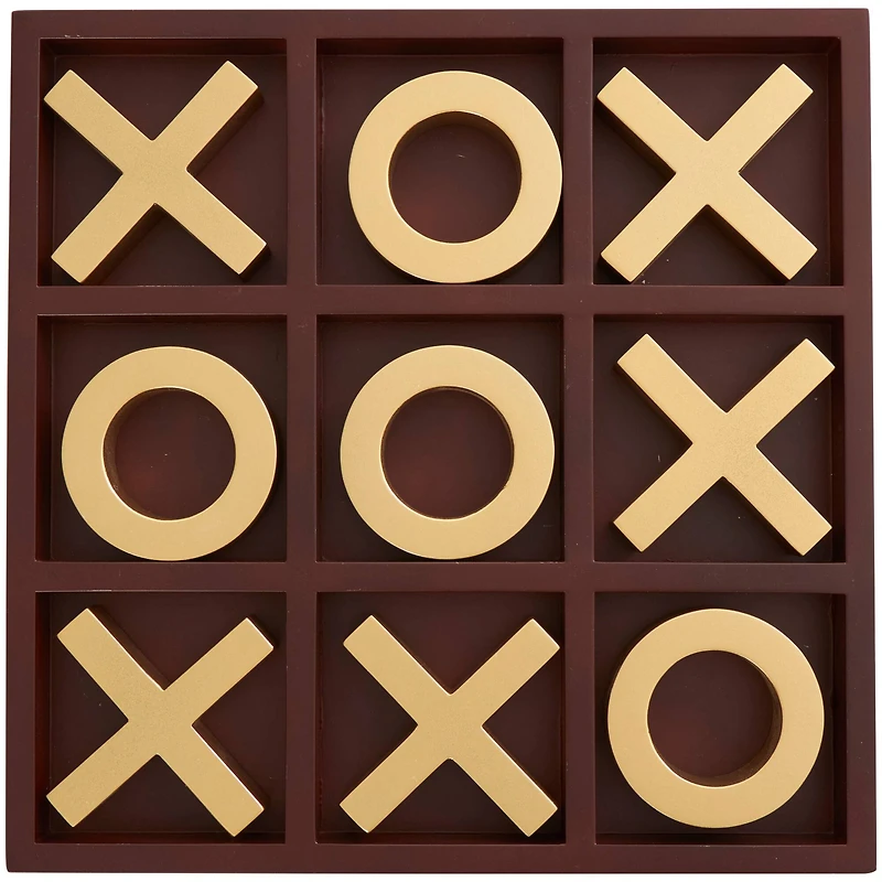 14" x 14" Brown Wooden Tic Tac Toe Game Set with Gold X & O Pieces