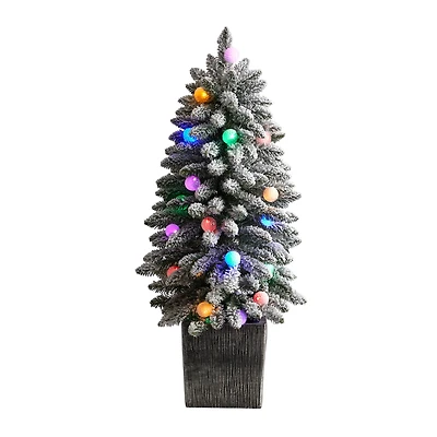 3ft. Pre-Lit Flocked Highland Fir Artificial Christmas Tree in Decorative Planter, Multicolor 20 LED Lights
