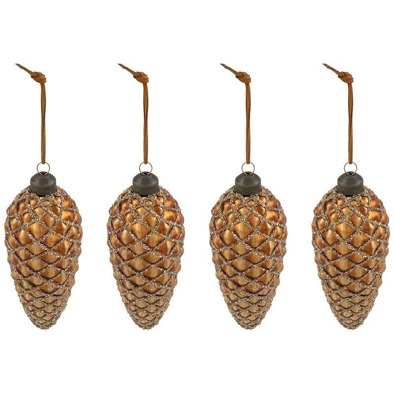 Glittered Pine Cone Glass Christmas Ornaments - 5" - Brown - 4ct