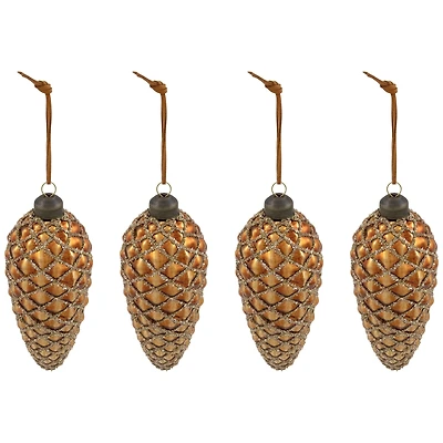 Glittered Pine Cone Glass Christmas Ornaments - 5" - Brown - 4ct