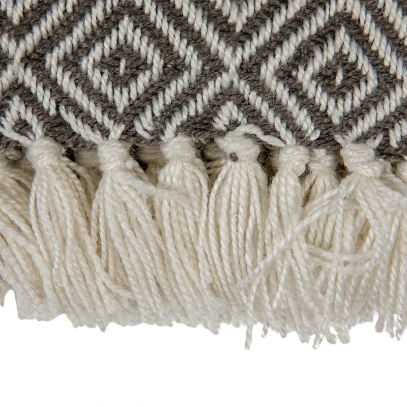 Hello Honey® Charcoal & Cream Geometric Hand-Woven Reclaimed Fabric Throw with Fringe