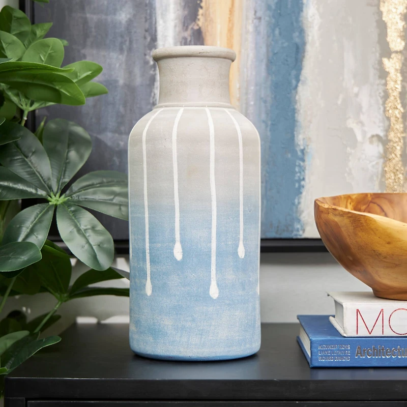 15" Blue & Gray Ceramic Abstract Ombre Drip Vase