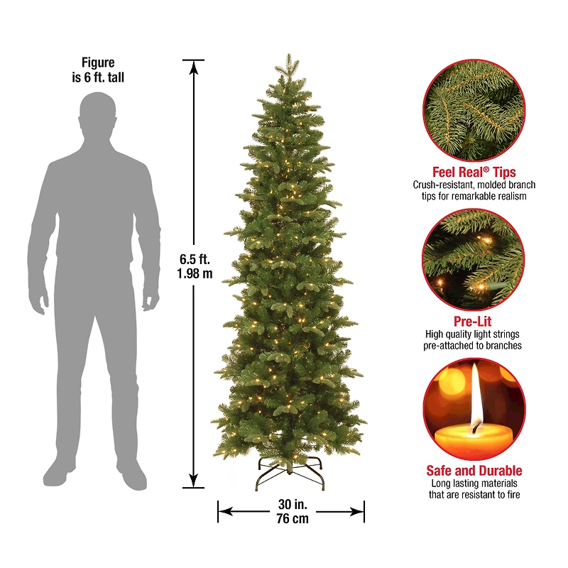 6.5ft. Pre-Lit Feel Real® Prescott Pencil Slim Artificial Christmas Tree, Clear Lights