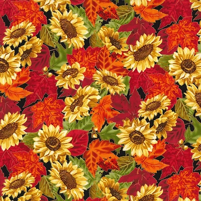Fabric Traditions Fall Sunflowers with Red Leaves Cotton Fabric