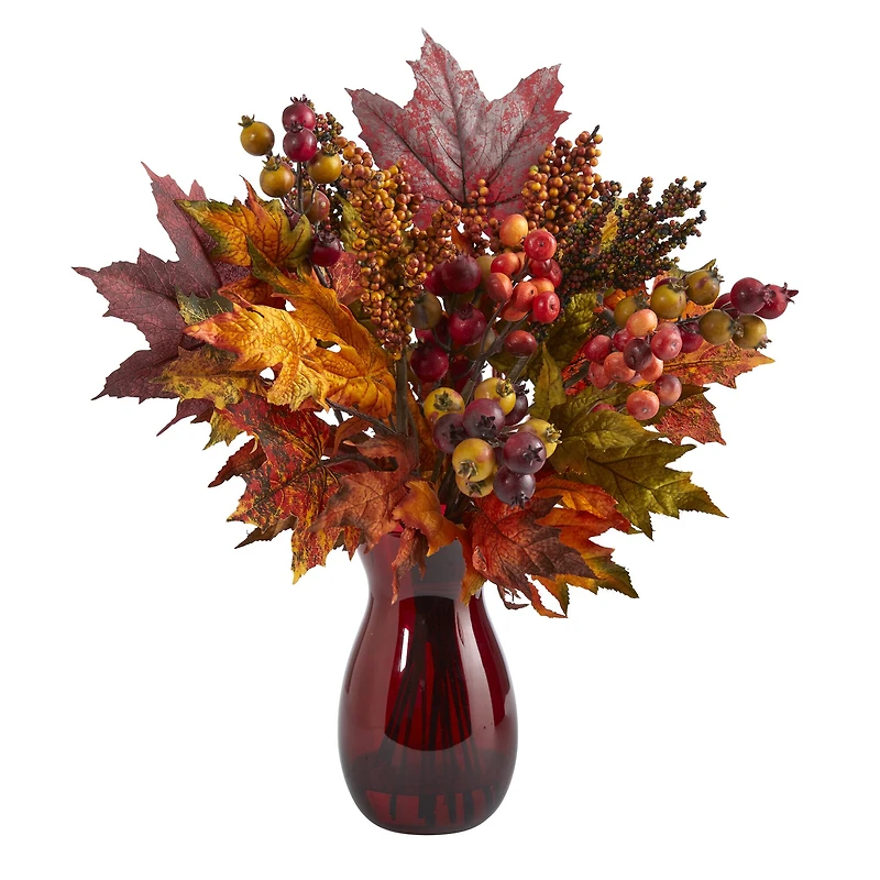 18in. Maple Leaf & Berries Arrangement in Ruby Vase
