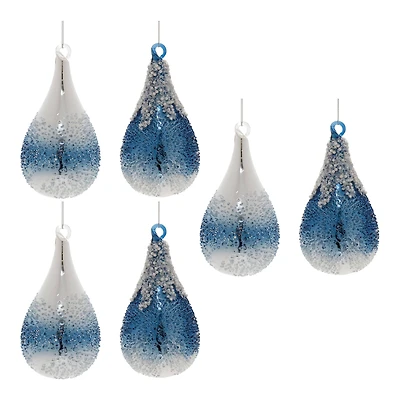 6" Navy Beaded Glass Teardrop Ornaments Set
