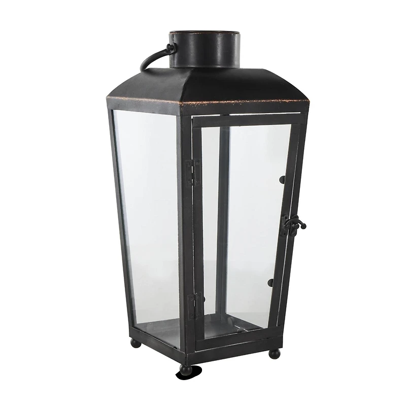 16" Black Metal Modern Candle Lantern with Gold Accents