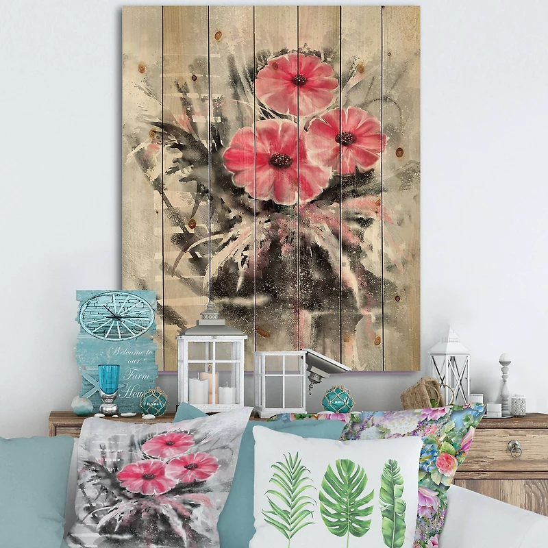 Designart - Abstract Red Flowers On Gray