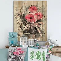 Designart - Abstract Red Flowers On Gray